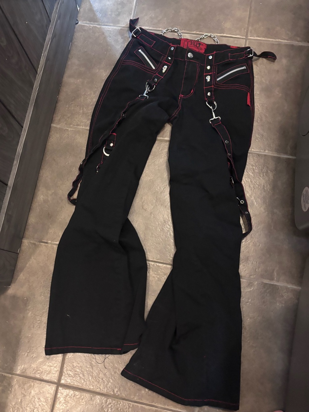 Tripp NYC Black Flared Jeans with Red Stitching and Harness Details